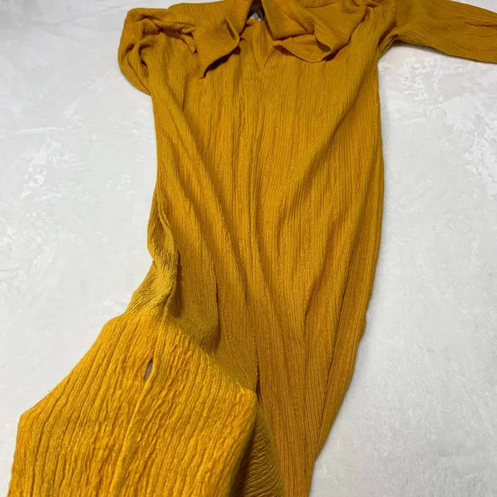 Free People FP Beach Midi Dress sz XS Collared Gold Yellow Long Sleeve *FLAW